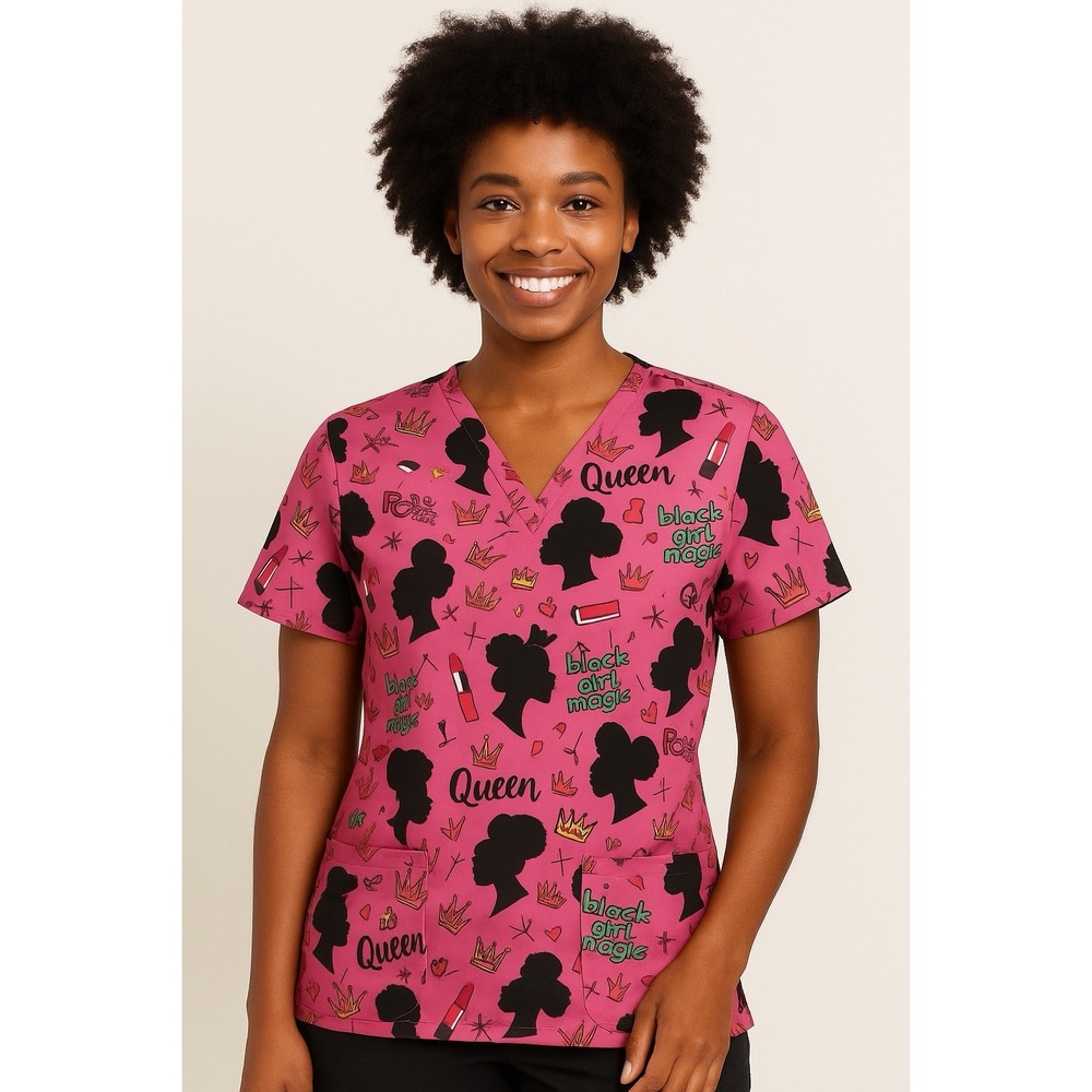 Samantha Mara Scrub Top Women's Medium‎ Y2K Black Girl Magic 4 Way Soft Stretch